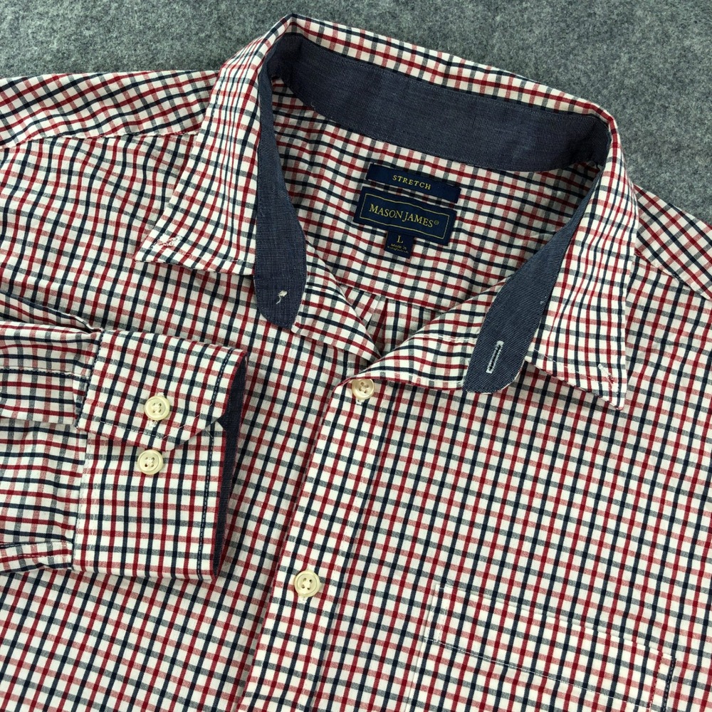 Mason James Stretch Mens Shirt L Red Plaid Cotton Long Sleeve